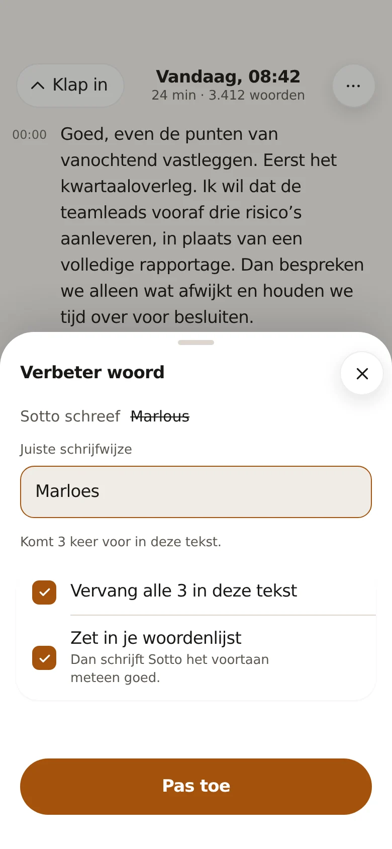 Fixing a word in the text and adding it to the word list.